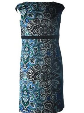 Chico's Black with Blue and Teal Paisley Midi Sheath Dress, size 6